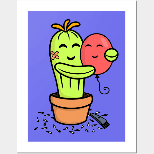 Cute Cactus shaved for a hug with a pink balloon Wall Art by AlKap